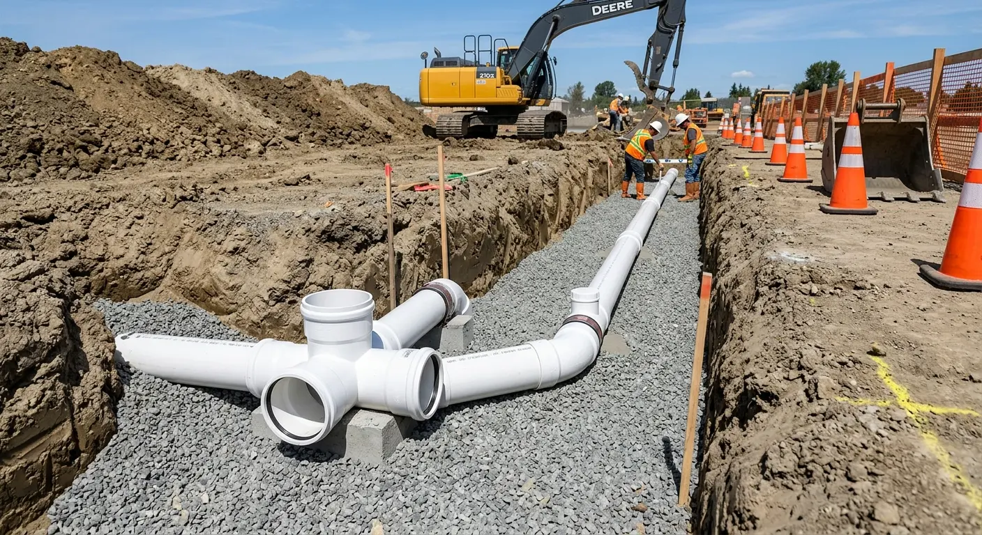 New PVC sewer pipe installation in open trench for Sewer Backup in Vernon