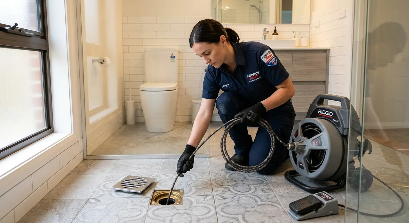 Technician clearing a bathroom floor drain for Sewer Line Replacement in Vernon